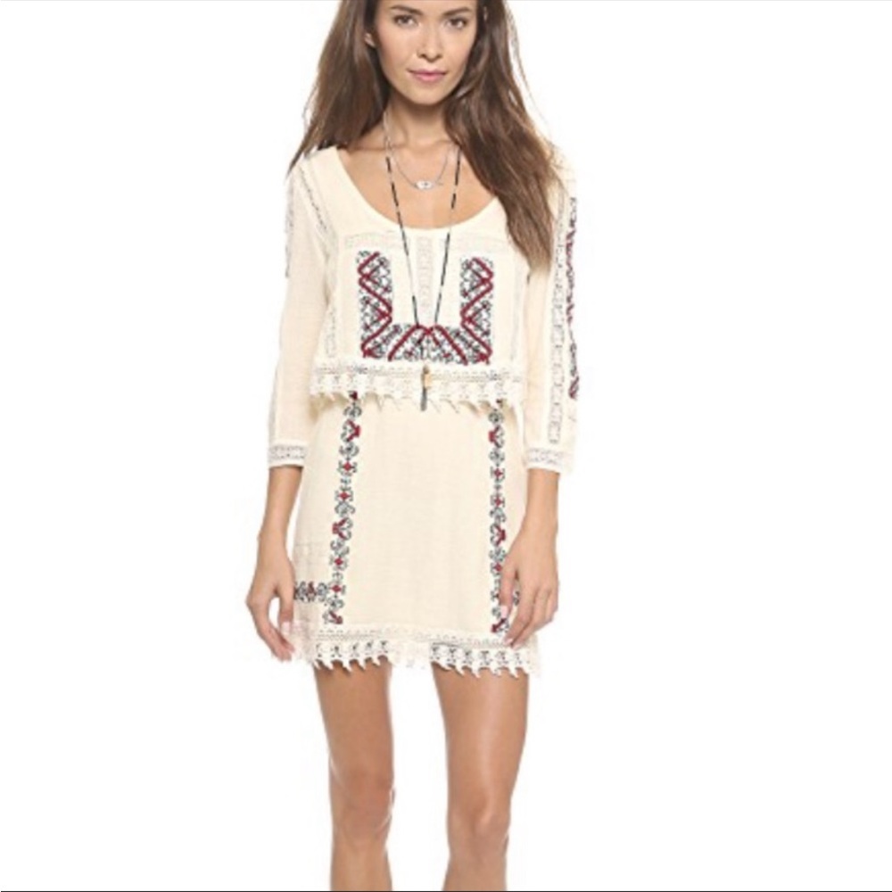 Free People Cream and Red Embroidered Dress